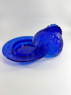 Cobalt Blue Pressed Glass Butter Dish and Plate - Elegant Serveware